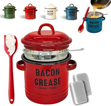 2026 Upgraded Enamel Bacon Grease Container with Stainless Steel Strainer, Food-Grade Silicone Scraper & Leak-Proof Lid   Large-Capacity, Splatter-Free Fat Storage Jar for Cooking, Baking C