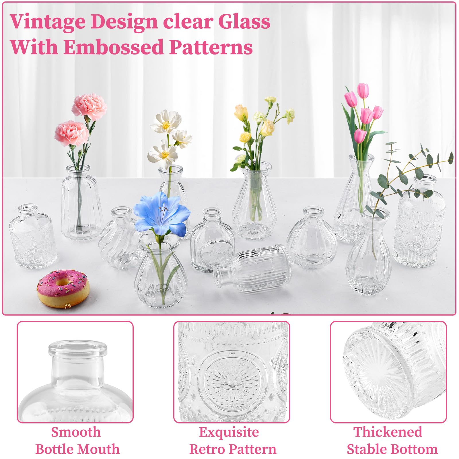 12 Vasi in Vetro Trasparente, Set di Vasetti Piccoli con Stili Diversi, Mini Bottiglie per Terrario Piante e Fiori, Decorazione Casa, Matrimonio, Centro Tavola Moderno