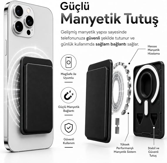 Coverzone MagSafe Uyumlu Manyetik Kartlık Cüzdan, 2 Kart Kapasiteli Telefon Kartlığı, Güçlü Mıknatıslı İnce Kart Tutucu Siyah