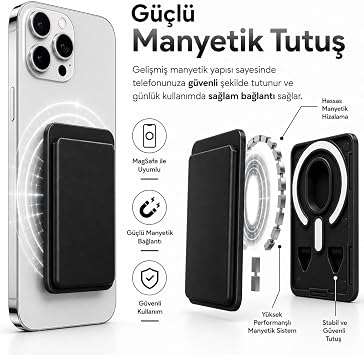 Coverzone MagSafe Uyumlu Manyetik Kartlık Cüzdan, 2 Kart Kapasiteli Telefon Kartlığı, Güçlü Mıknatıslı İnce Kart Tutucu Siyah