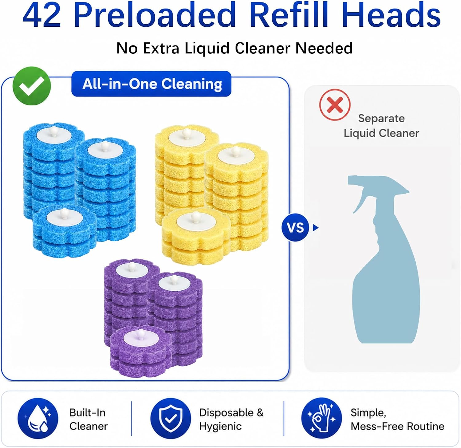 Disposable Toilet Brush with 42 Refills, Toilet Bowl Cleaner Brush with Holder, Wall Mounted Toilet Wand Kit, Random Color Refill Heads in Blue, Yellow or Purple