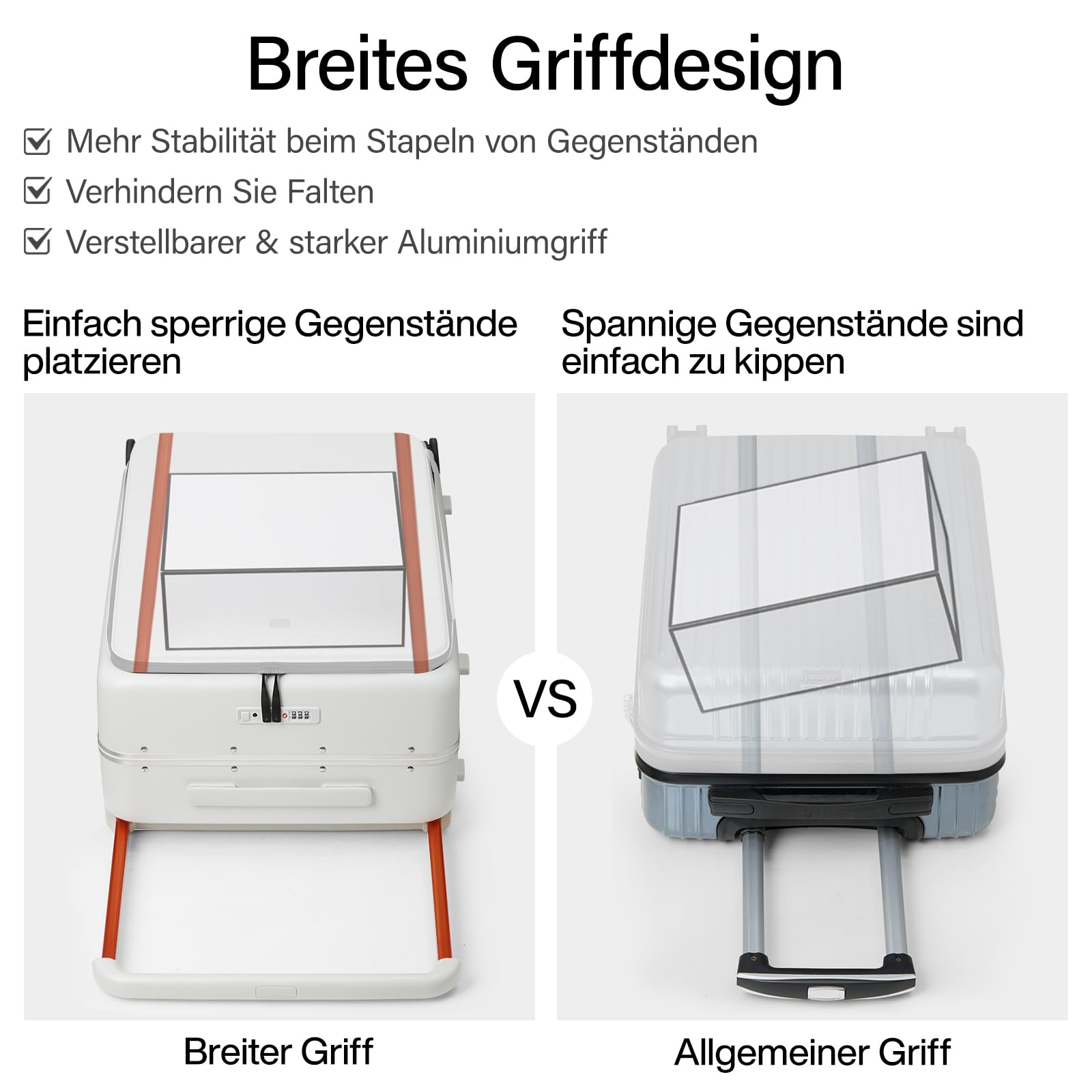 Hanke Handgepäck Koffer Breiter Griff mit 360°-Spinnerrändern Frontöffnung Koffer mit TSA-Schloss PC & Aluminium Hartschalenkoffer 49cm(46L), Rauchweiß