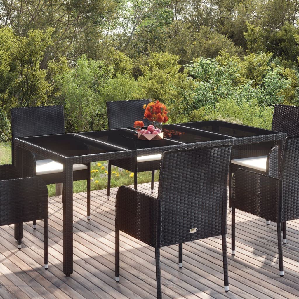 Mesa de jardín de polirratán, color negro, 190 x 90 x 75 cm | Placa de cristal templado, marco de acero con recubrimiento en polvo, resistente al agua, fácil de limpiar, para terraza