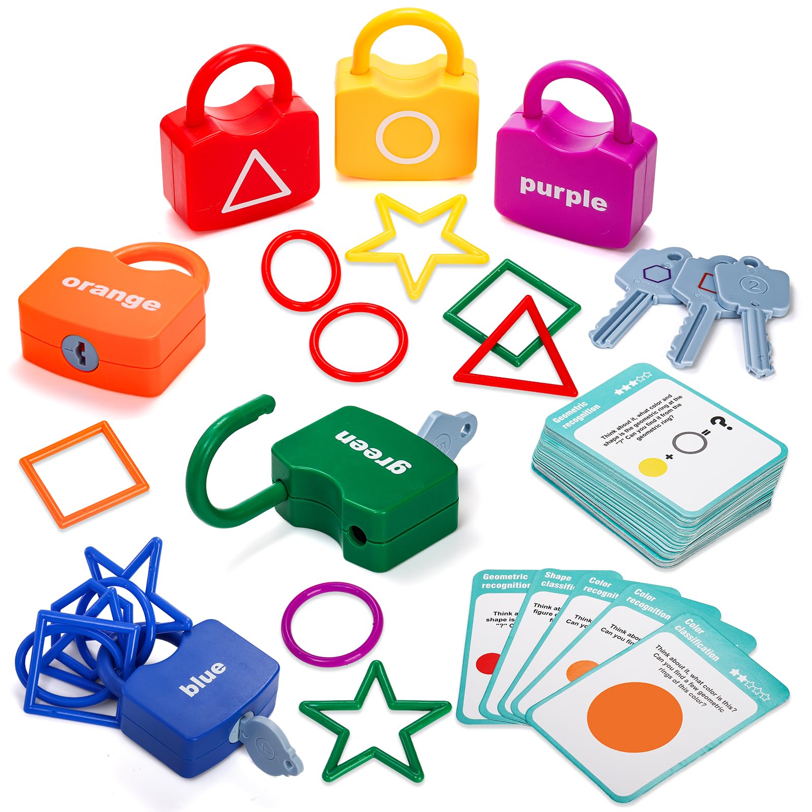 Hacaroa 108 Pcs Kids Learning Locks with Keys, Geometric Shape Matching Color Sorting Recognition Toy Set, Montessori Educational Toys Fine Motor Skill Game Classroom Must Haves for Preschooler