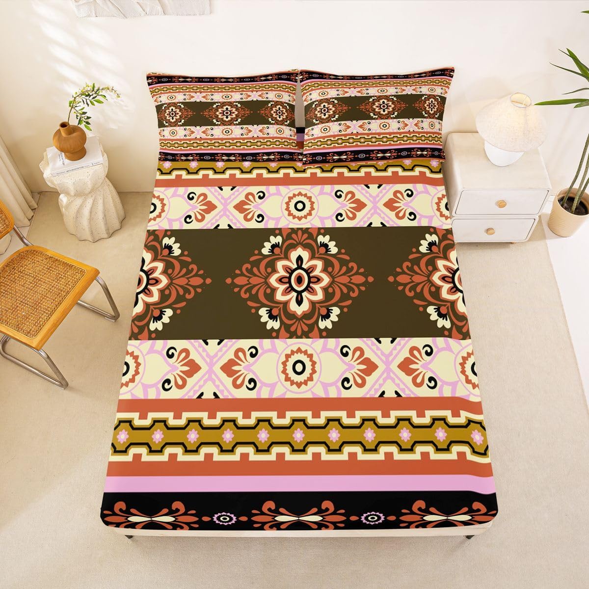 Castle Fairy Orange Printed Kids Twin Size Fitted Sheet,Aztec Flower Polyester Microfiber Bed Fitted Sheet & Pillowcase，Boho Floral Wrinkle Resistant Bedding,Retro Patchwork All Season Bedding