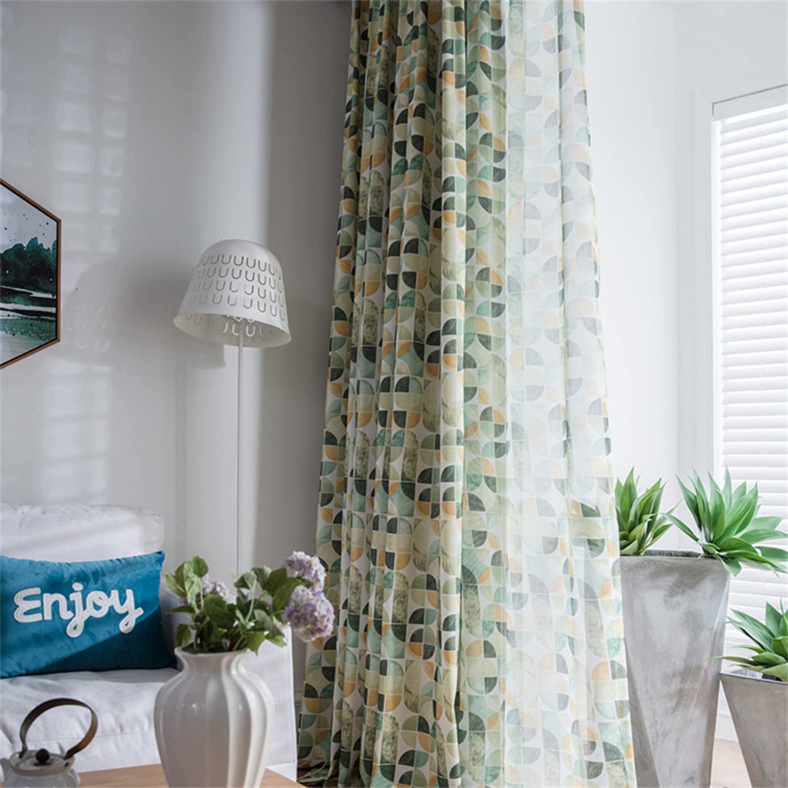 2 Pièces Rideaux Voilage Géométrie Verte Voilages Intérieurs à Broderie, Imprimé Floral Semi-Transparent Voile à Oeillets Rideau Décoration Tamisante de Salon Cuisine Chambre 2x140x220CM
