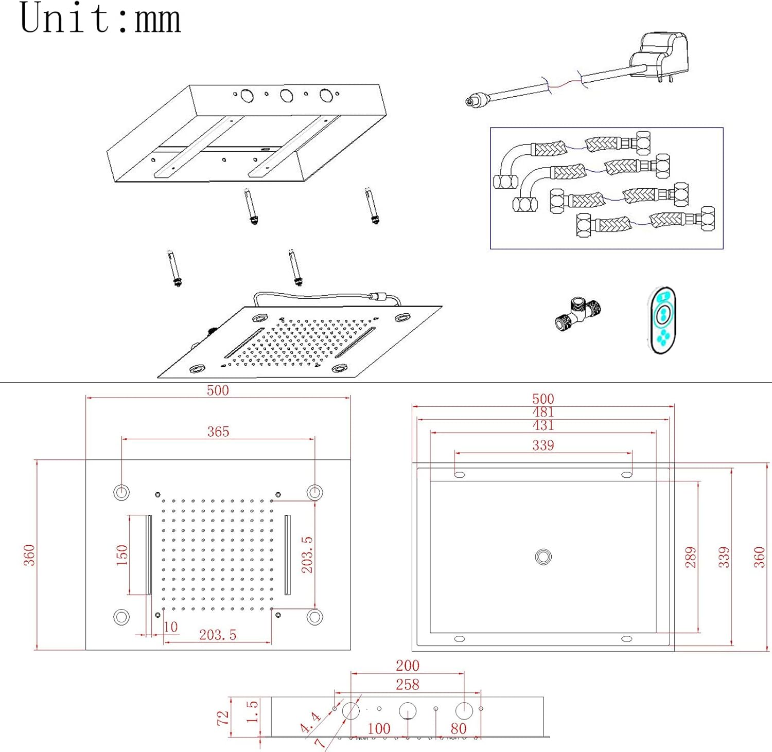 14X20 Inch LED Ceiling Rain Shower Head Rectangle Embedded Type With LED Lights Remote Control (Waterfall And Rain Shower Head, Brushed Nickel)