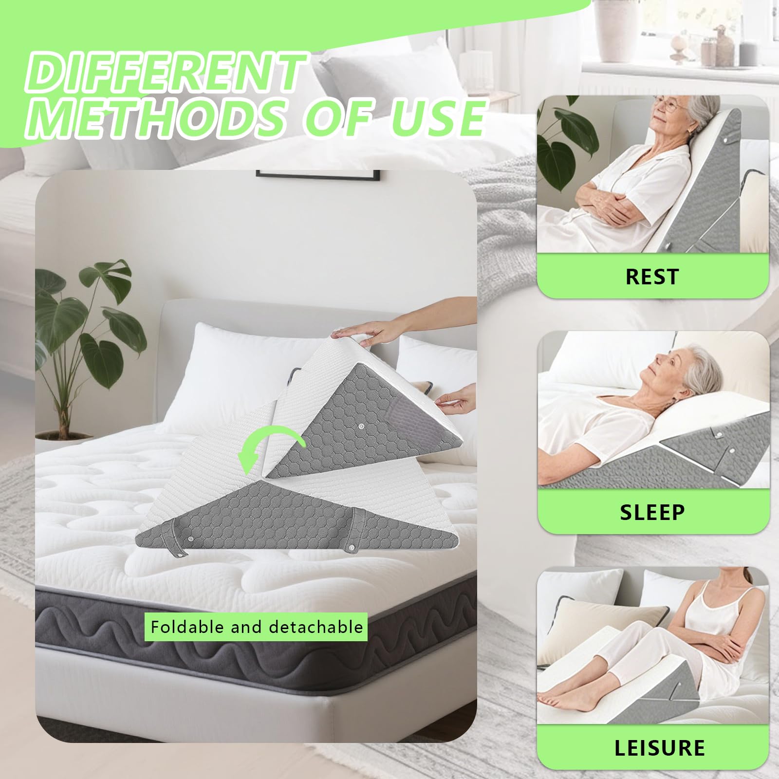 Cojín de espuma viscoelástica de 56 x 56 x 30 cm, almohada de cuña ajustable para reflujo ácido, ronquidos, recuperación postoperatoria, alivio del dolor de espalda y cuello, ideal para leer y