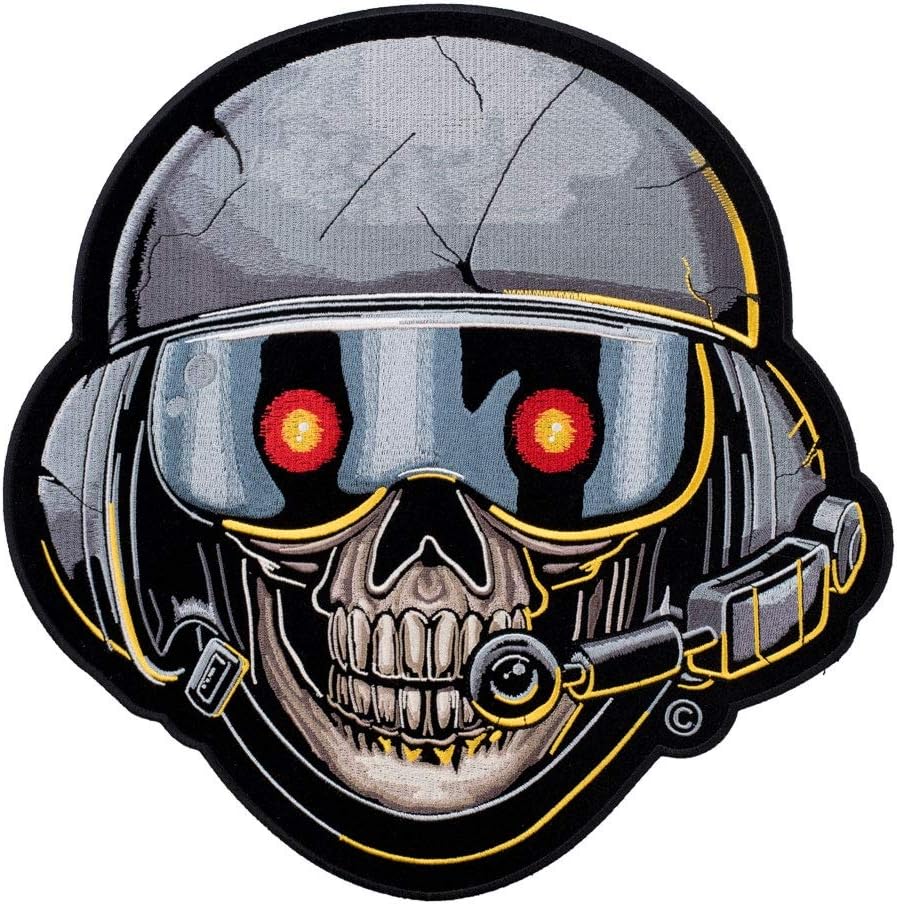 PatchStop Helicopter Pilot Skull Gray Red Iron On Patches for Clothing Jeans - 12x12in X-Large DIY Sew On Patch for Jackets Bags - Embroidered Decorative Skull Patches