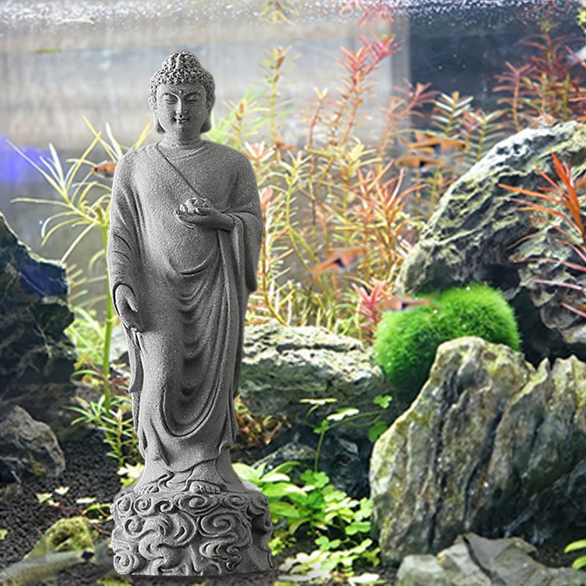 livelyfish Japanese Buddha Statue Sandstone Asian Aquarium Decorations Handmade Zen Buda Sculpture for Garden Fish Tank Aquarium Decor