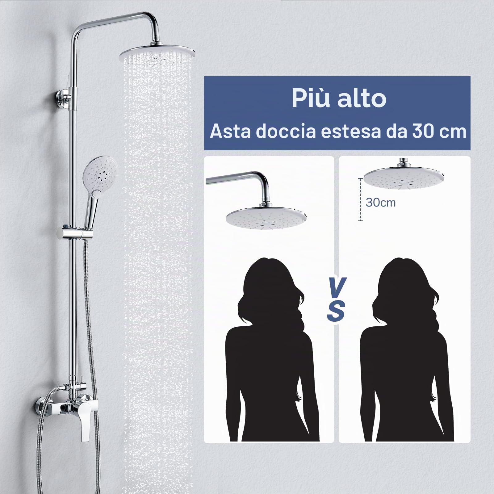 Colonna Doccia con Miscelatore, Coleniny Sistema Doccia Altezza Regolabile 110-145cm, Doccia Colonna con Soffione Pioggia, Flessibile Doccia 150cm, 3 Doccetta a Spruzzo, Cromato