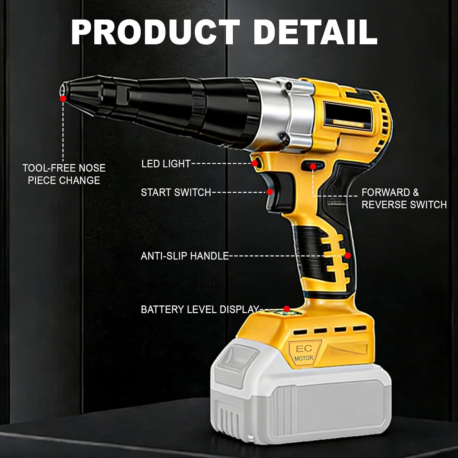 Cordless Rivet Gun Tool for Dewalt 20V Max Battery, Pop Rivet Gun Kit(No Battery), Brushless Electric Automatic Rivet Gun with 3 Size (1/8", 5/32", 3/16") for Metal, Plastic and Leather