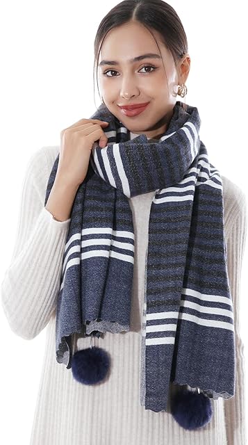 RIIQIICHY Plaid Scarf Pashmina Shawl Wrap for Women Long Large Winter Warm Thick Scarves With Fur Pompom Ball