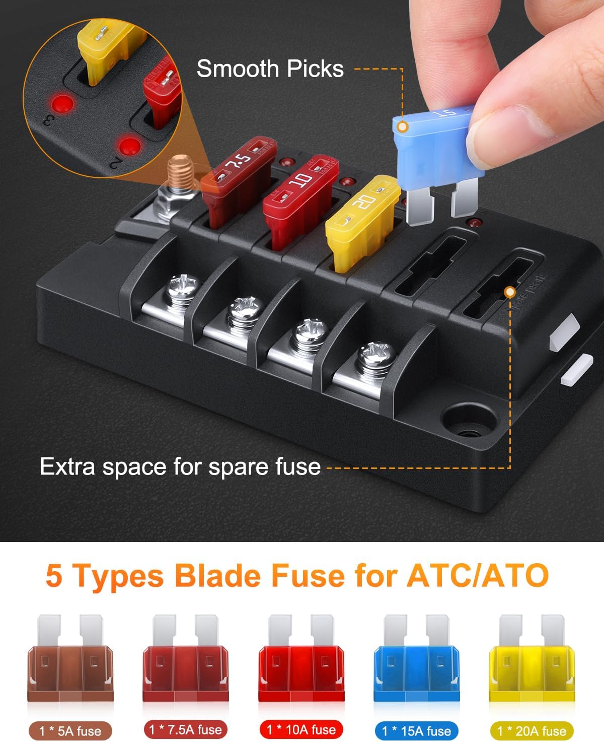 ELECTOP Upgraded 4 Way Blade Fuse Block Fuse Box with Single Positive Line Power Inputs, 4 Circuit Fuse Holder ATC/ATO Fuse Block Panel with LED Indicator for 12V/24V Car Truck Boat Marine