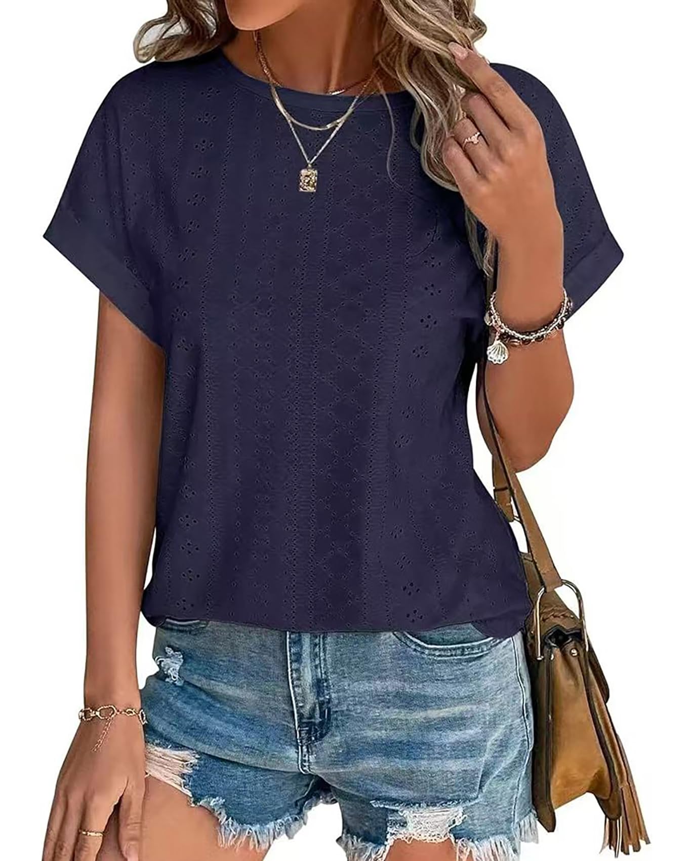 Magliette Donna Manica Corta Maglietta con Ricamo ad Occhiello Girocollo Camicia Donna Estiva Tee Maglietta Casual T-Shirt Blusa Elegante Traspirante Tinta Unita Tunic Tops di Base