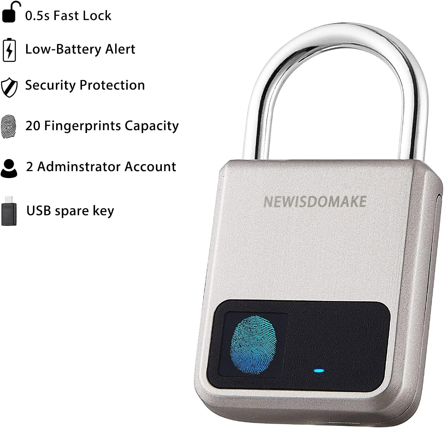 Fingerprint Padlock, Smart Padlock with USB Charging Support, Fingerprint Lock, Biometric Lock Suitable for Luggage, Bookcase, Suitcase, Backpack, Bike, School Locker, Gym Locker Lock(Gold)