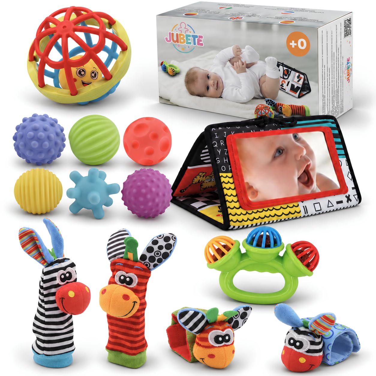 Set di giochi Montessori per bebè 0–6 mesi – Sonagli e palline sensoriali
