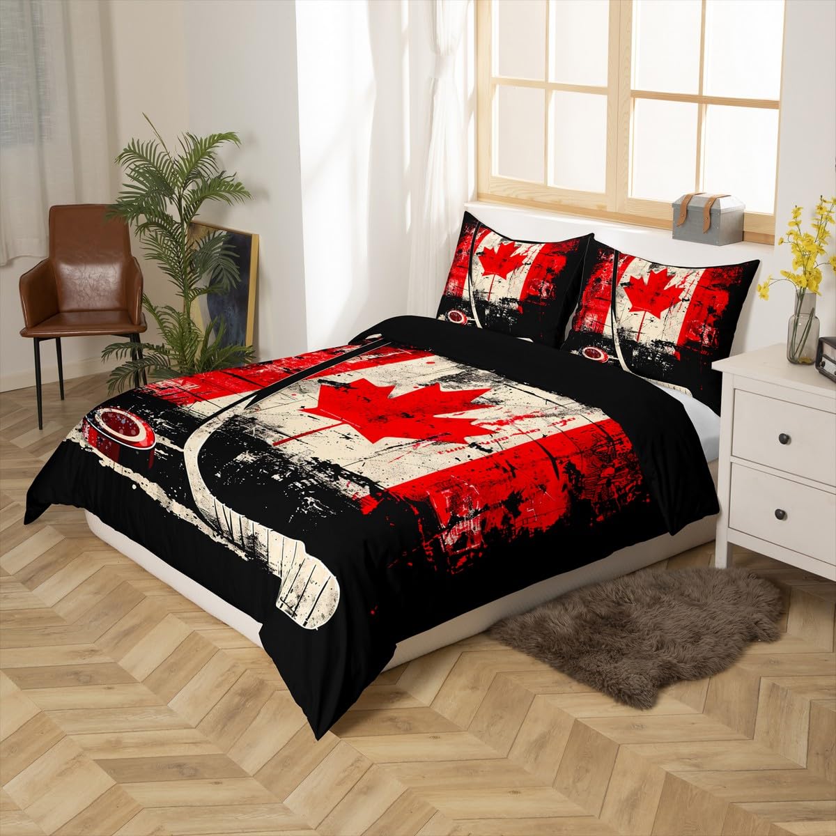 Homemissing Kids Ice Hockey Bedding Set Double Size Canada Flag Duvet Cover for Boys Girls Winter Sports Comforter Cover Set Bedspread Cover Room Decor,1xDuvet Cover+ 2xPillow Shams - Image 3