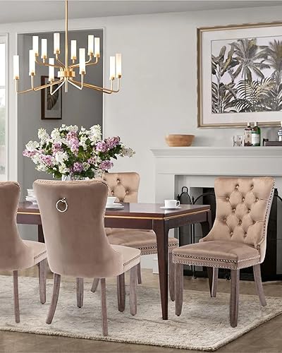 Juego de 4 sillas de comedor de terciopelo tapizadas con ribete de cabeza de clavo y patas de madera maciza para cocina, restaurante, caqui