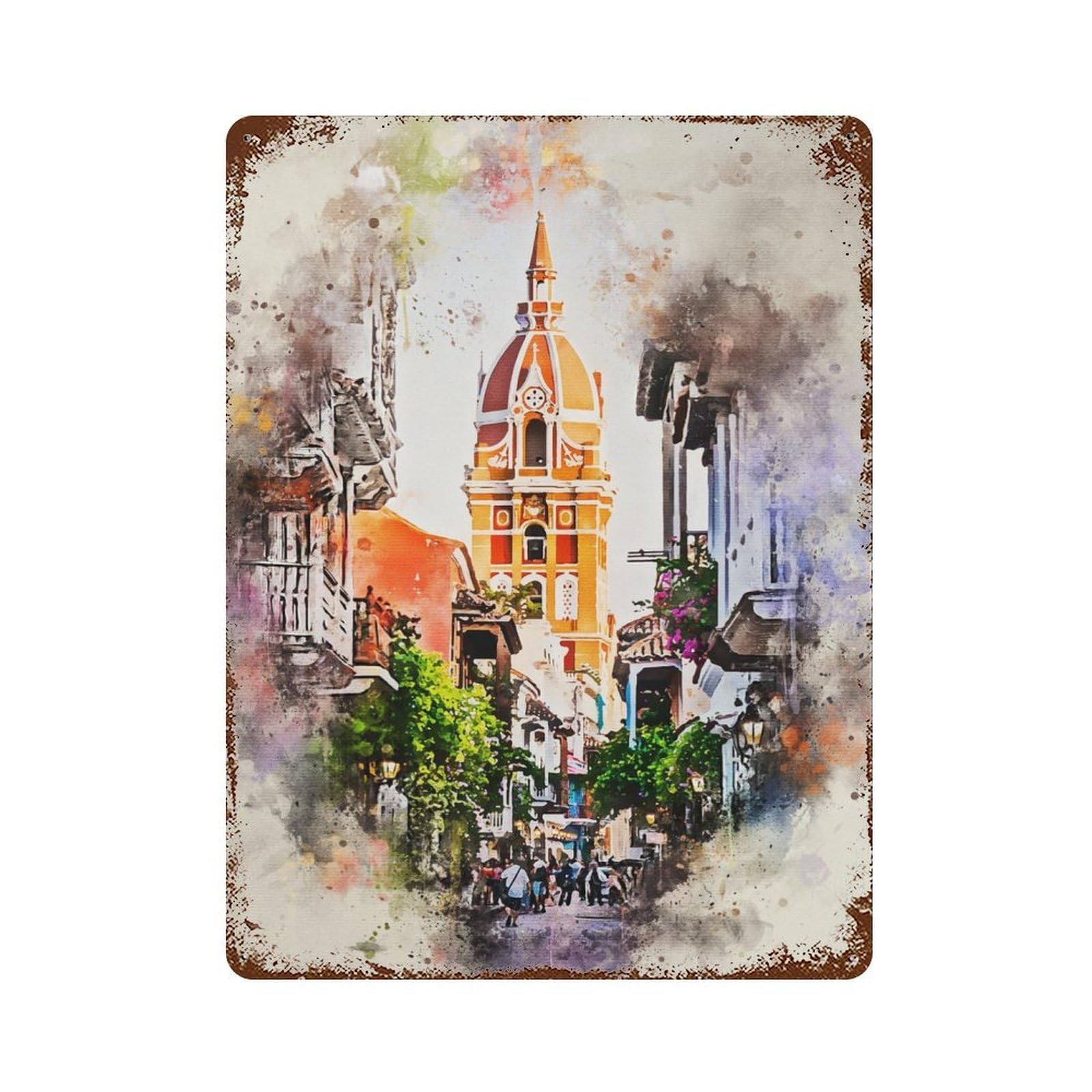 Vintage Rust Metal Sign with Cartagena in Watercolor Design 15.7"x11.8", for Shed, Workshop And Garage Wall Decor, Classic Wall Plaque