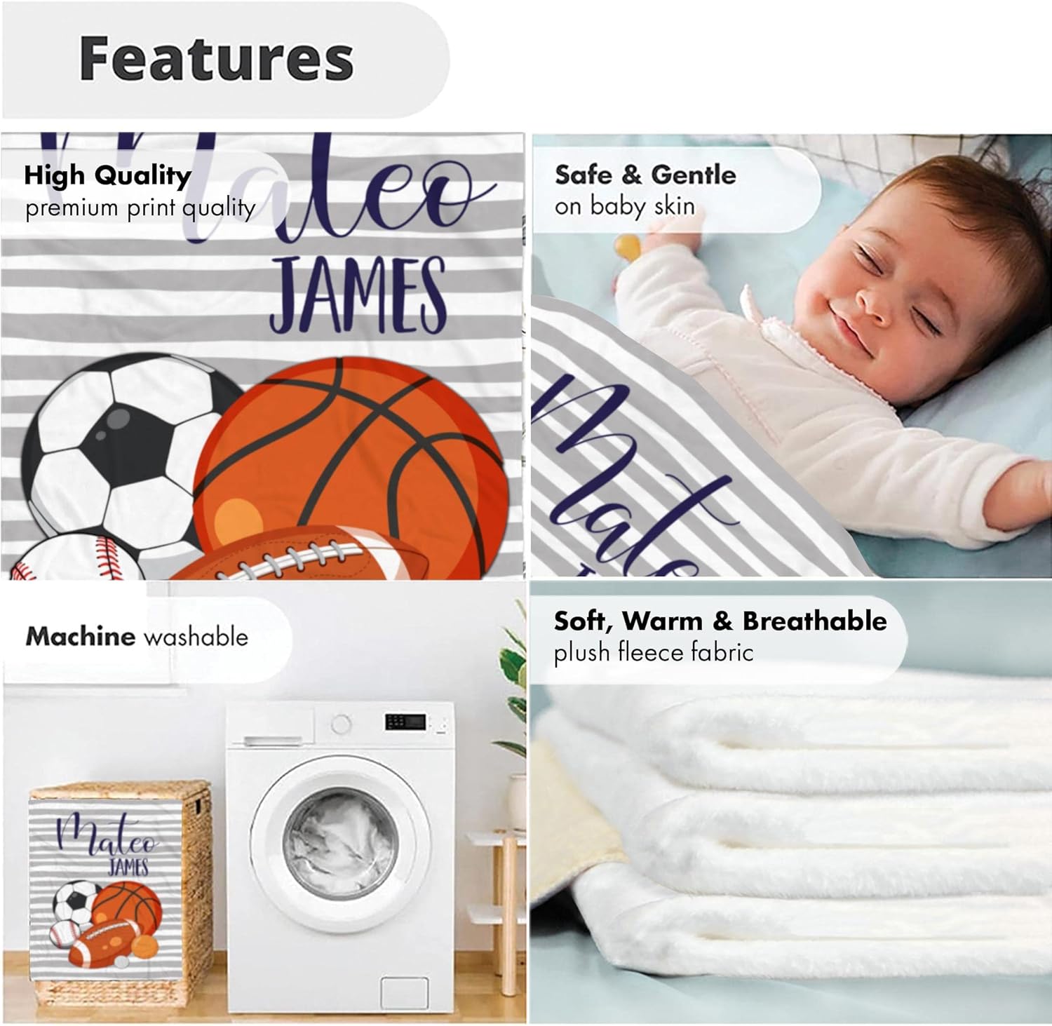 Personalized Sports Baby Blanket, Custom Name Striped Football Soccer Baseball Soft Throw, Boys Sports Nursery Decor, Athletic Newborn Swaddle Wrap, Unique Cozy Infant Sports Quilt
