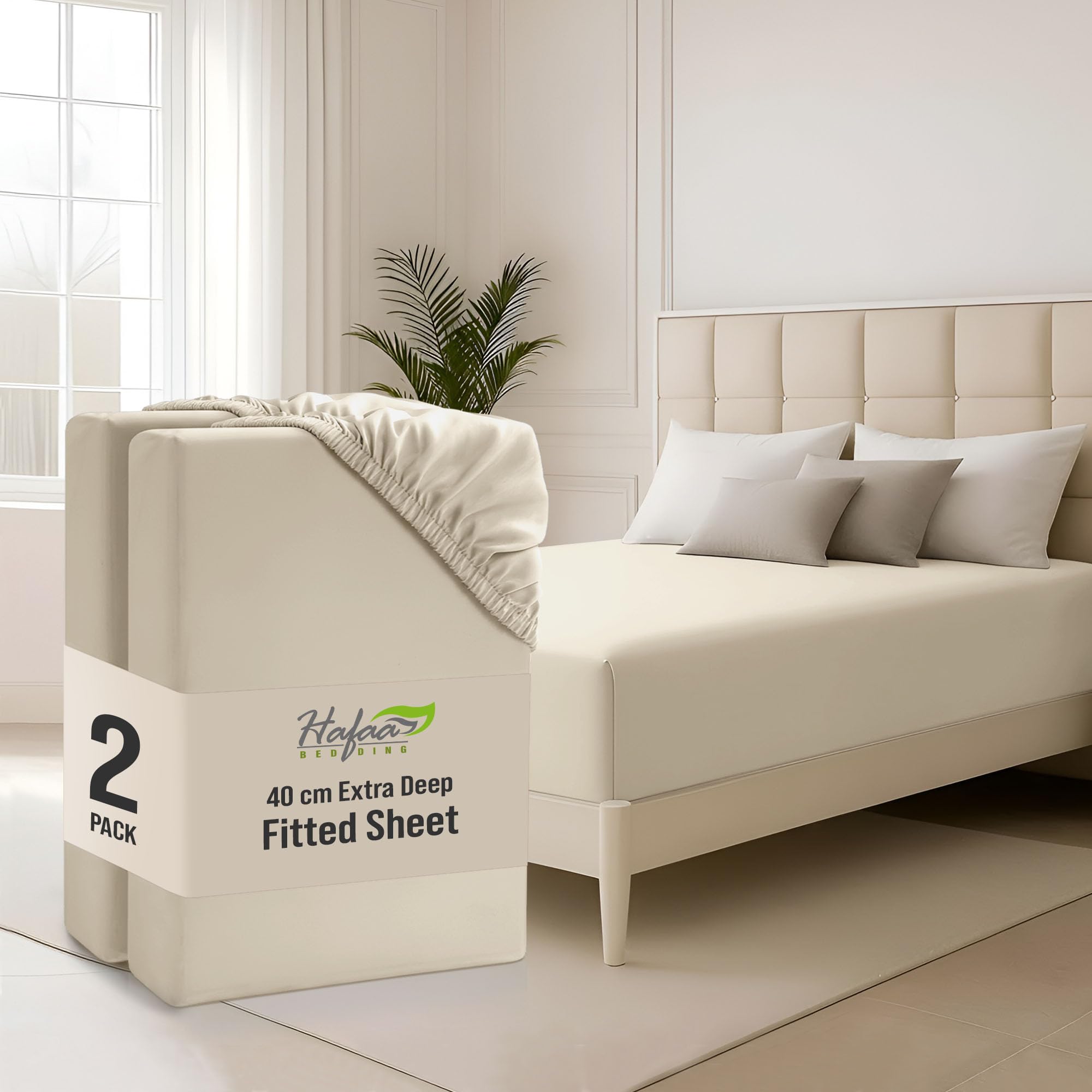 Hafaa Double Fitted Sheet 2 Pack 40Cm Deep Pocket 16 Inch Cream Bed Sheets Hotel Quality Soft Brushed Microfiber Fabric Breathable Shrinkage Fade Resistant Bedsheet — image 1