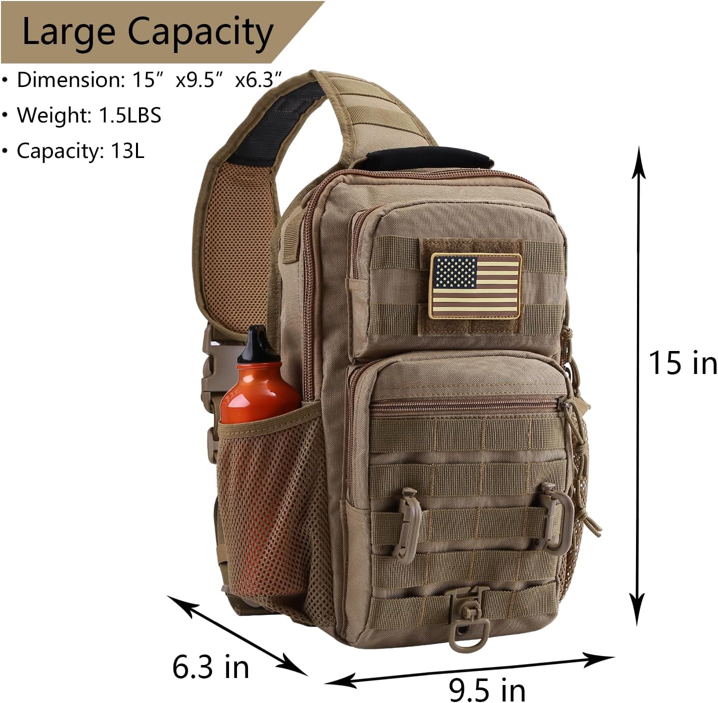 Rover Sling Pack Tactical Shoulder Sling Bag Backpack with Bottle Holder Crossbody Chest Bag, Coyote - Image 2