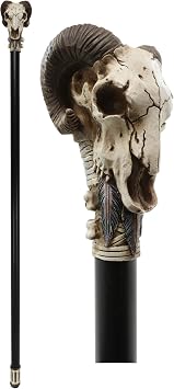Ebros Gothic Tribal Ram Horned Skull with Native Indian Warrior Feathers Decorative Prop Cosplay Walking Cane Ossuary Macabre Halloween Decor Gadget Accessory