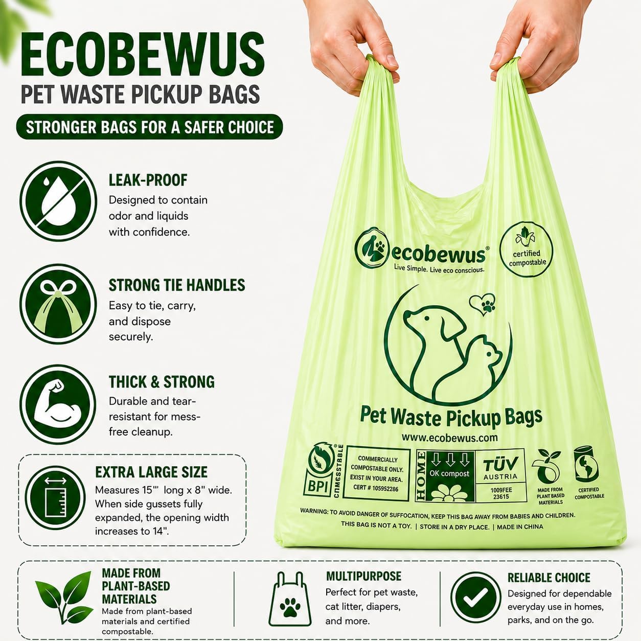 Certified Compostable Pet Waste Disposal Bag (140 ct.) Plant-Based Cat Litter Poop Waste Pick-Up Bags with Handles Dog poop Bags Disposable Compost Food Scrap Liners (140 ct.) image 2