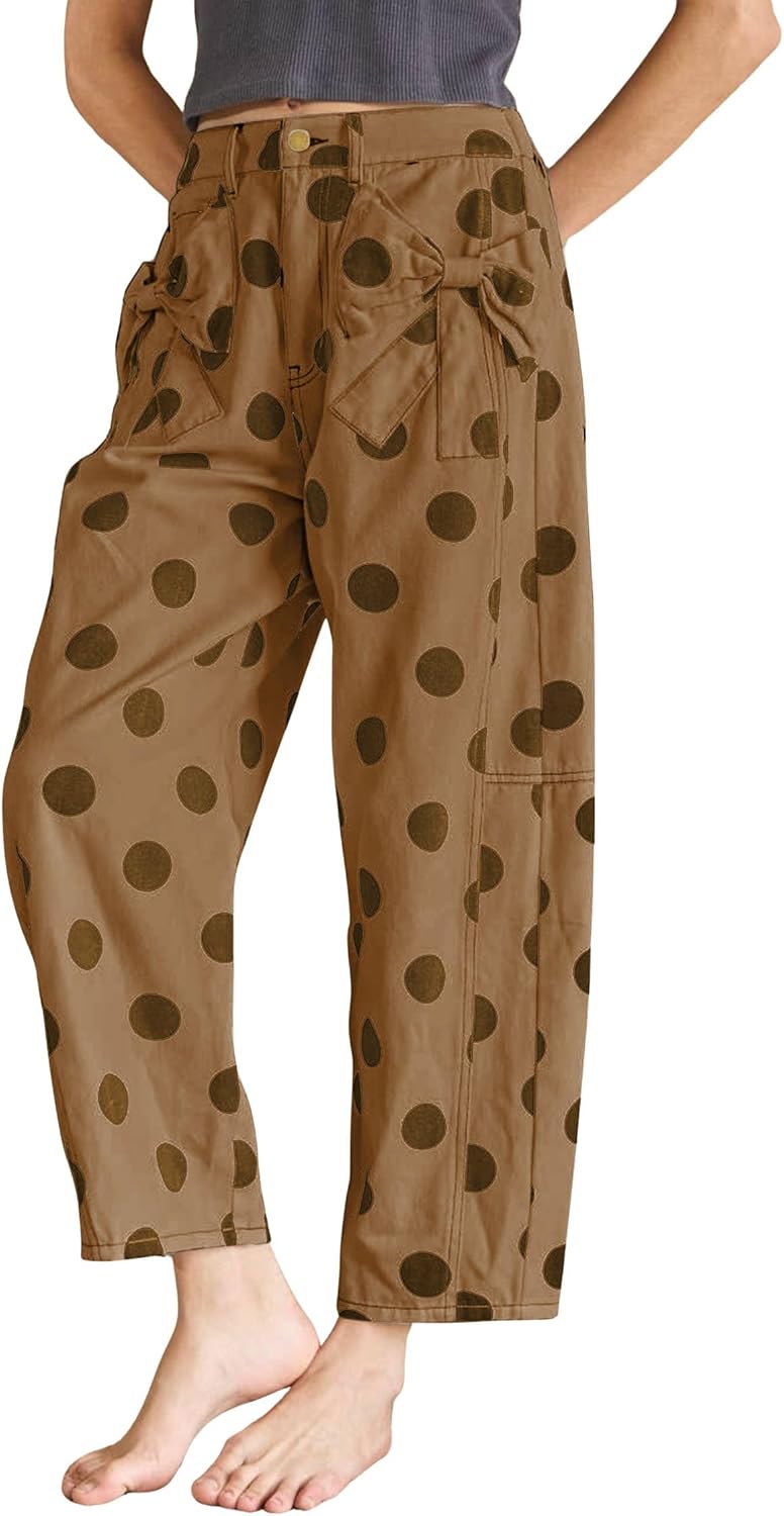 chouyatou Women's Boho Polka Dot Floral Wide Leg Jeans Y2k Baggy Barrel Jeans High Waisted Denim Palazzo Pants