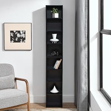 Tall Narrow Bookshelf,8-Tiers Bookcase with Adjustable Shelves,Double-Decker Combination Thin Media Tower Rack,CD DVD Slim Storage Cabinet for Living Room,Bedroom,Studio and Office Black, 71"H