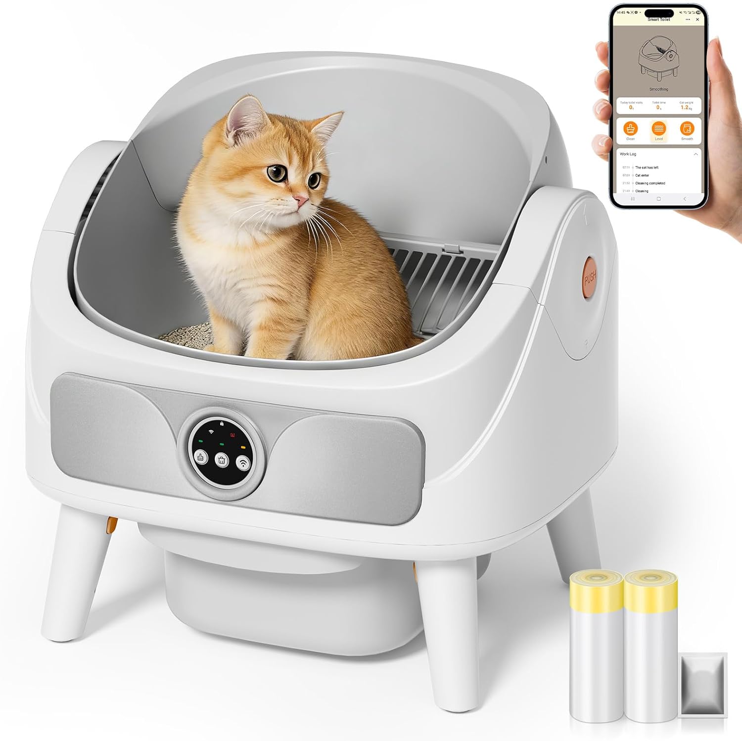 SUW Self Cleaning Cat Litter Box, Open-Top Automatic Litter Box for Multiple Cats, Large Capacity Robot, APP Control, Safety Protection, 2 Rolls Litter Bag Liners, 1 Odor Eliminator