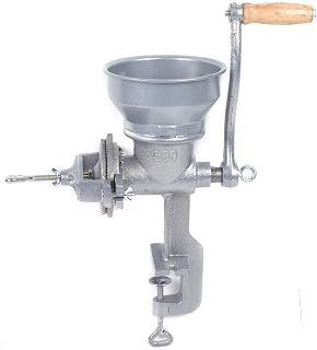 Manual grain mill, cast iron hand mill for grinding coffee, corn, oats, seeds, adjustable thickness, low funnel grinder and table clamp