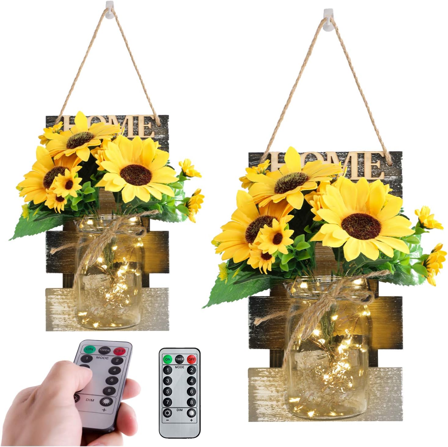 Farmhouse Sconces Wall Decor Mason Jar LED Light with Sunflower,Remote Control,8-Different Light Modes,6-Hour Timer (Set of 2)