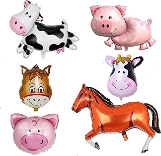 6pcs Farm Animal Foil Balloons Pig Cow Horse Donkey Head Shaped Mylar Balloon for Farm Animals Theme Birthday Party Supplies Decorations