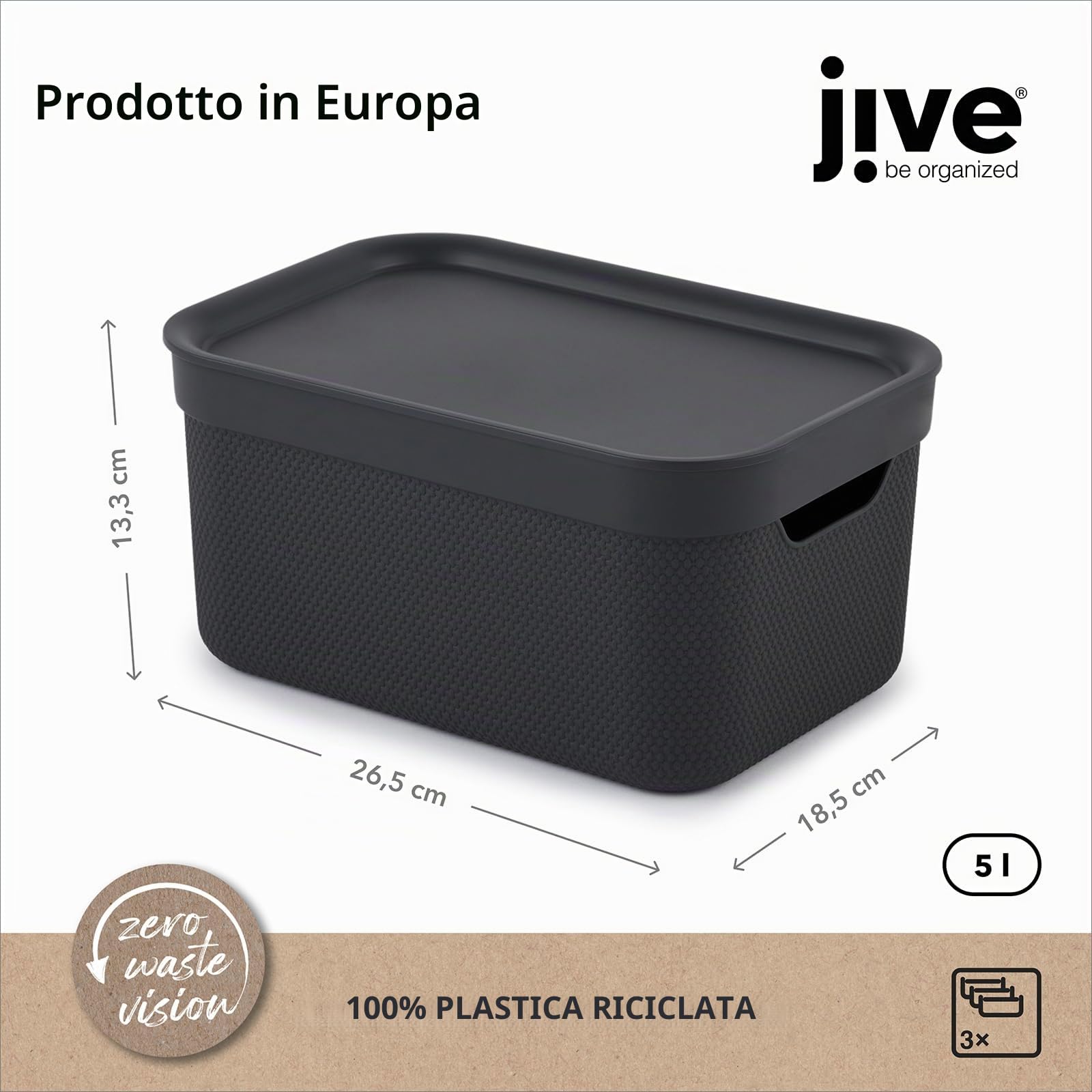 Jive Dekobox - Set da 3 scatole decorative portaoggetti da 5 l con coperchio, plastica (PP riciclato), nero, 3x5 l (26.5 x 18.5 x 13.5 cm)