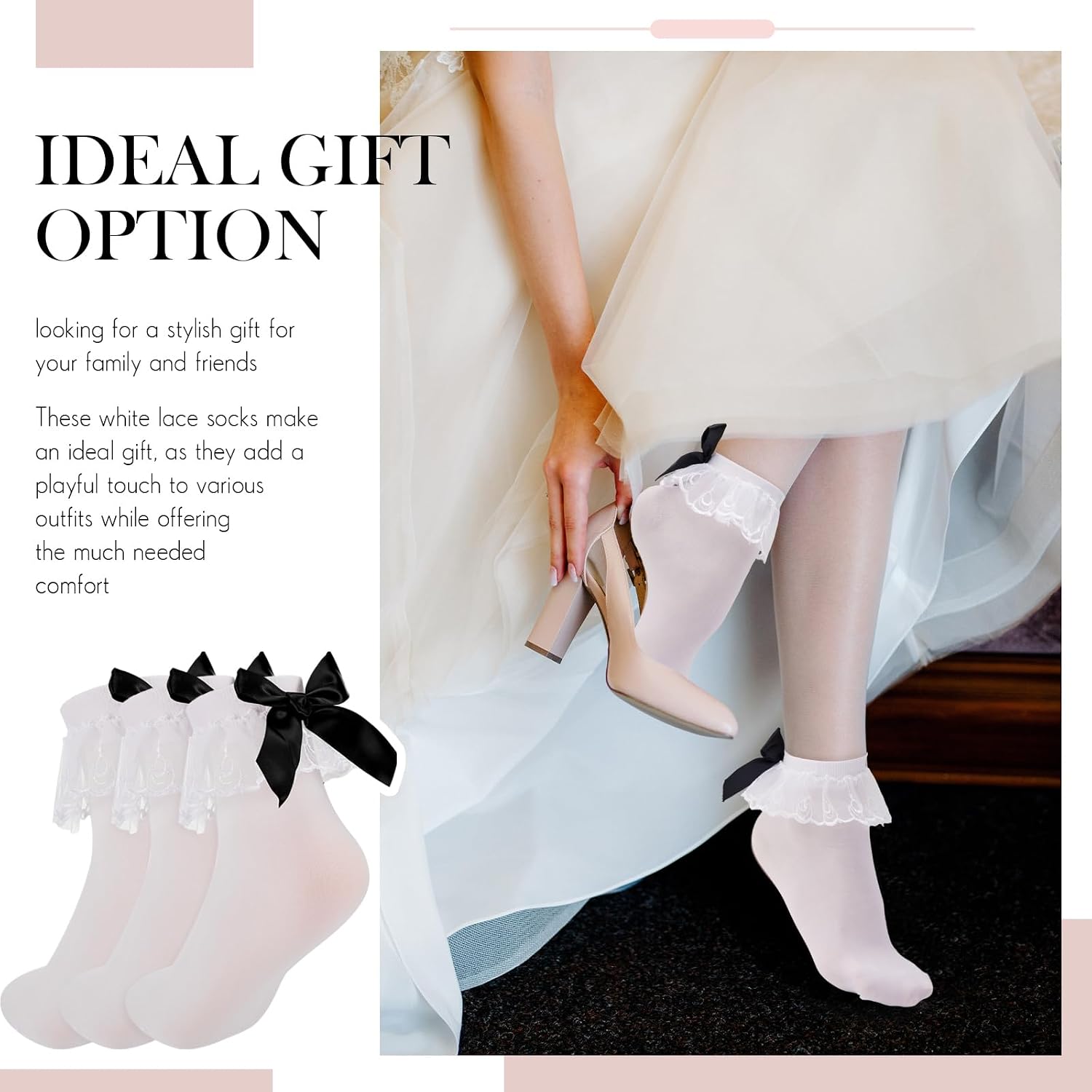 3 Pairs Women's White Ruffled Lace Frilly Anklet Socks White Bobby Socks with Retro Back Bow for Skirts