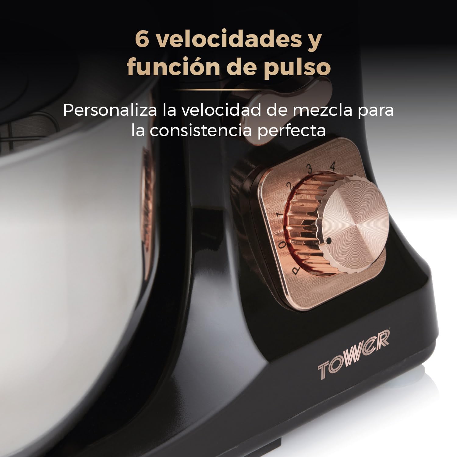 Tower T12033RG Batidora Amasadora 3 en 1 – Amasadora de Repostería de 6 Velocidades y Ajuste por Pulsaciones – Amasadora de Pan 1000 W, Negro y Oro Rosa