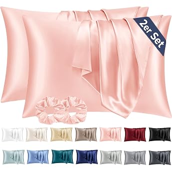 Vielit Set of 2 Pillowcases 40 x 80 cm Pink Soft as Silk Easy-Care for Hair and Skin with 2 Scrunchies