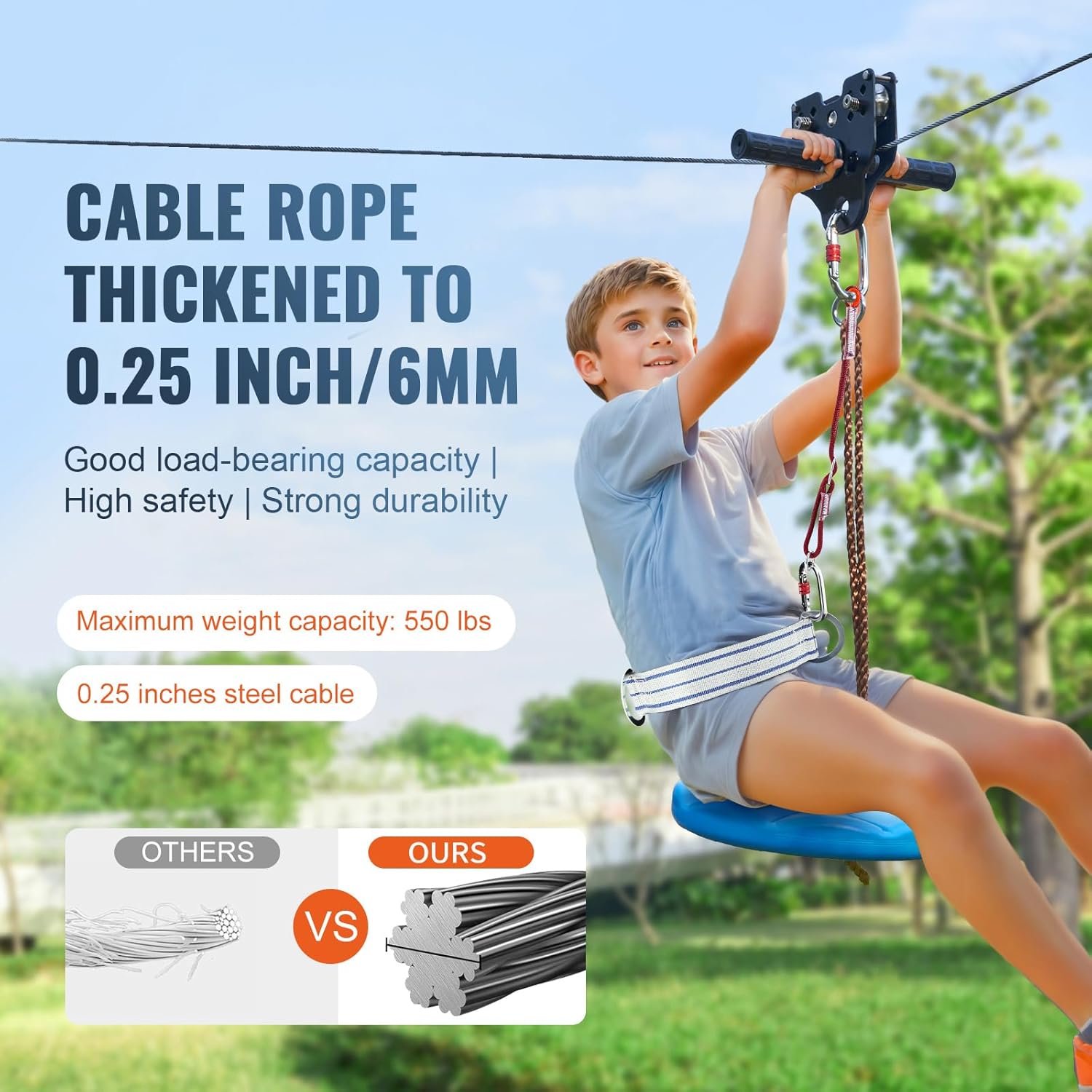 Happybuy 120 ft Zipline Kit for Kids & Adults, 500 lb Capacity, Backyard Playground Zip Line with Stainless Steel Spring Brake, Safety Harness, Quick Setup