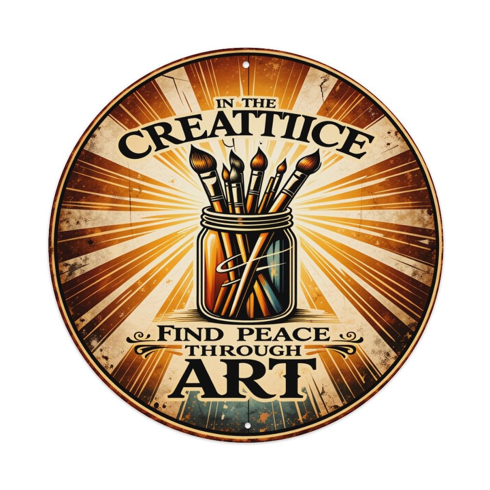 Artistic Brush Jar With Radiant Sunburst Background Metal Tin Sign Plaque