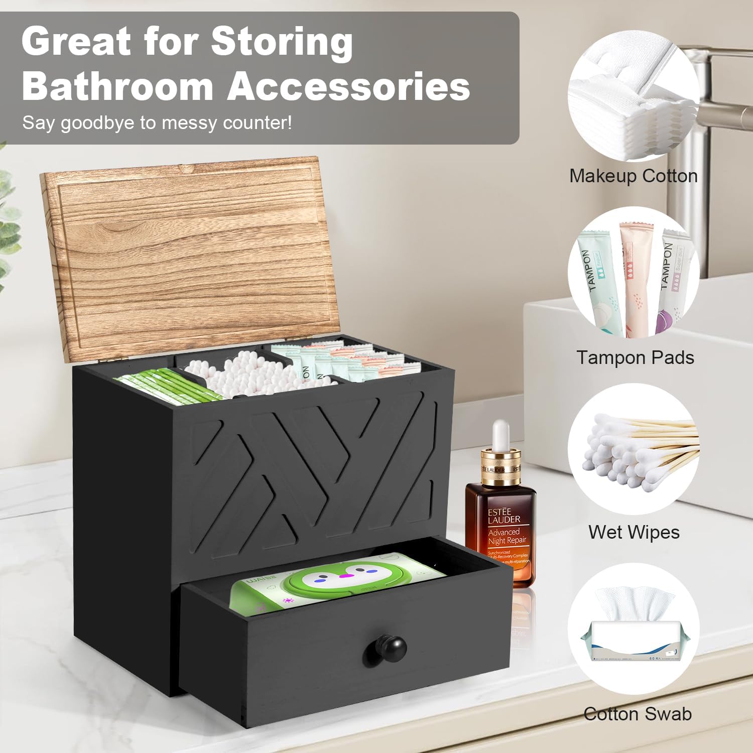 Tampon Holder for Bathroom, Feminine Product Organizer with Lid and Drawer, Wooden Shark Week Pad Storage, Tampon Organizer for Toilet Tank Countertop Decor, Girl Stuff Box Toilet Bathroom Accessories