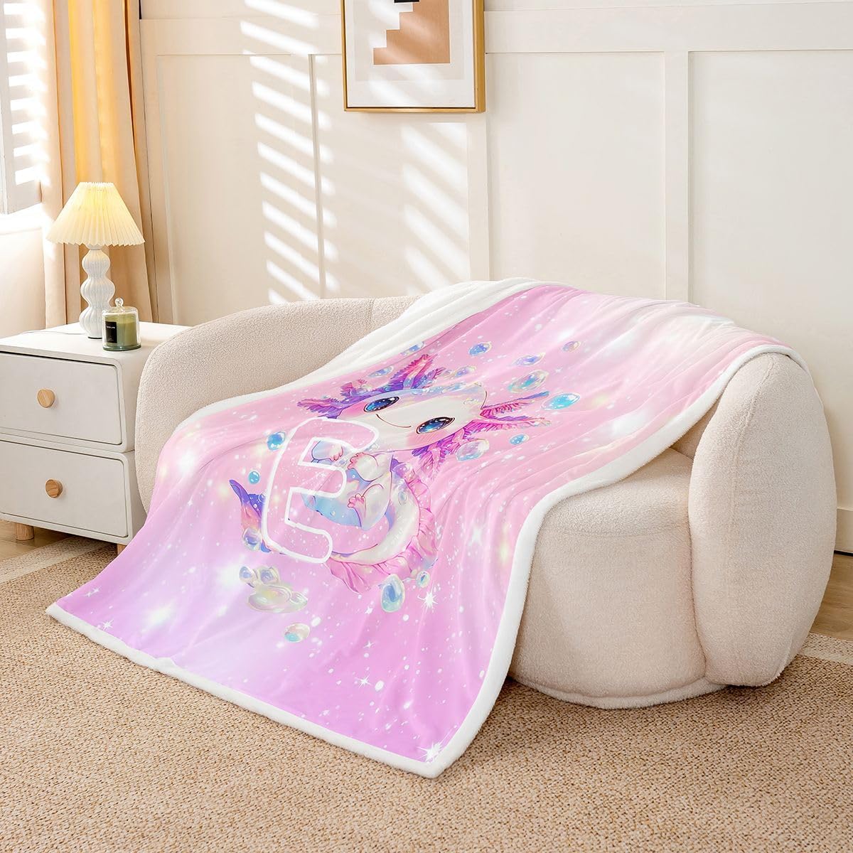 jejeloiu Cute Pink Axolotl Sherpa Blanket Plush Fuzzy Kawaii Glitter Axolotl Fleece Throw Blanket Boys Girls Ocean Animal Initial Letter E for Bed Couch Chair Living Room Bedroom Decor Baby 30"x40"