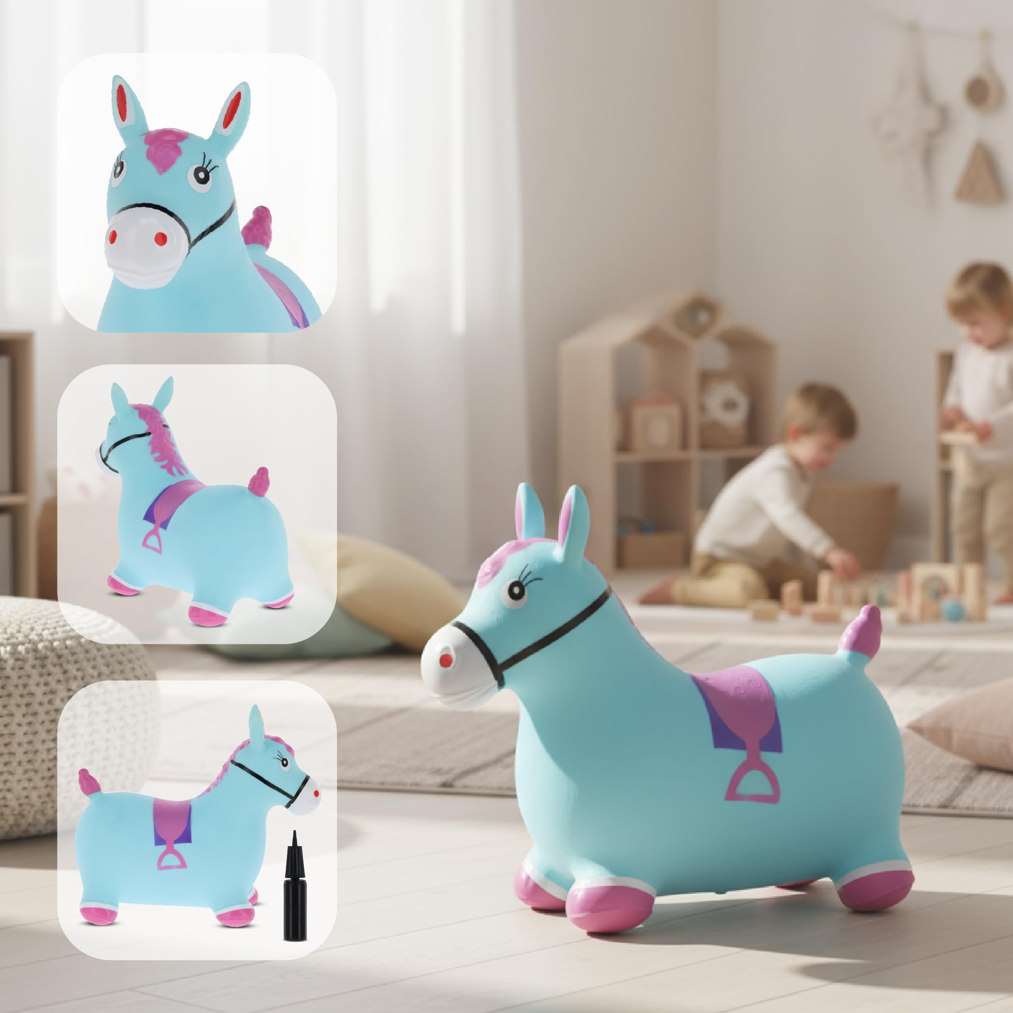 Sun Baby Animale gonfiabile che salta, giocattolo di 1 anno, saltarello per bambini, design ergonomico, cavallo giocattolo, pompa manuale inclusa (Cavallo blu)