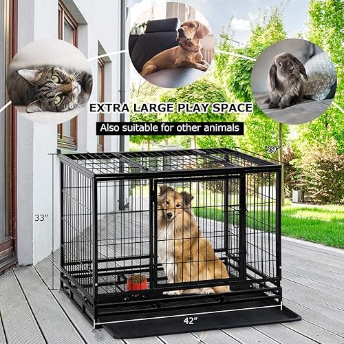 Miniatura 7 de Jaula resistente para perros perrera de 42 pulgadas con ruedas con cerradura jaula de doble puerta de alta ansiedad jaula extra grande XL XXL con