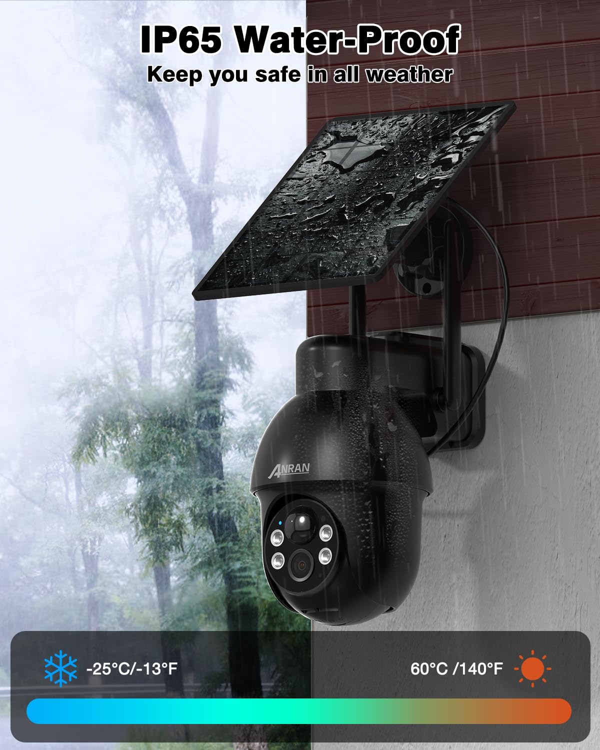 ANRAN Solarna kamera monitorująca 5 MP, do użytku na zewnątrz, WiFi, 3K 360°, PTZ, widoczność na zewnątrz, kolorowa widoczność w nocy, dwukierunkowe audio, wykrywanie ruchu PIR, inteligentny alarm