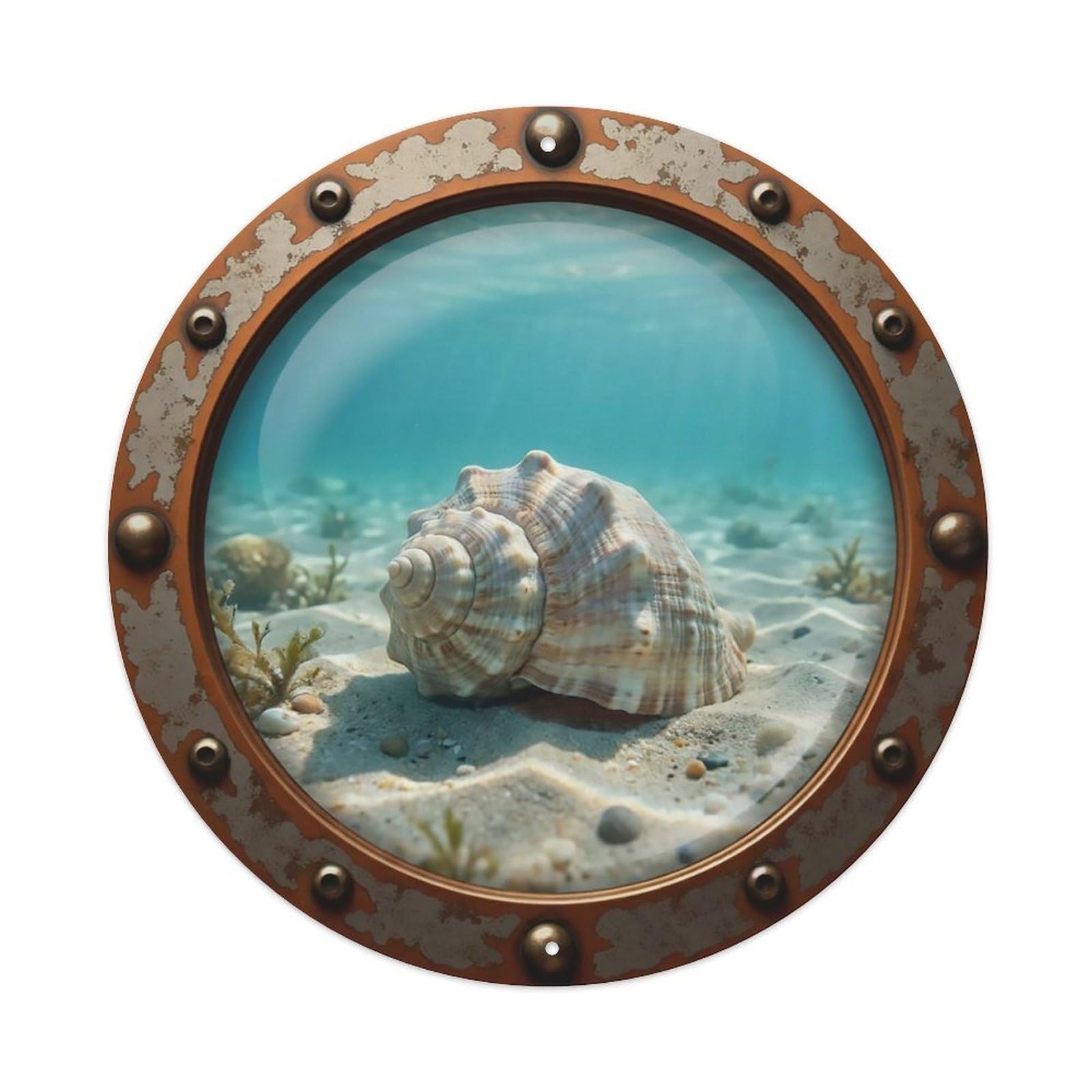 Vintage Porthole Whelk Shell Nautical Window View Metal Tin Sign