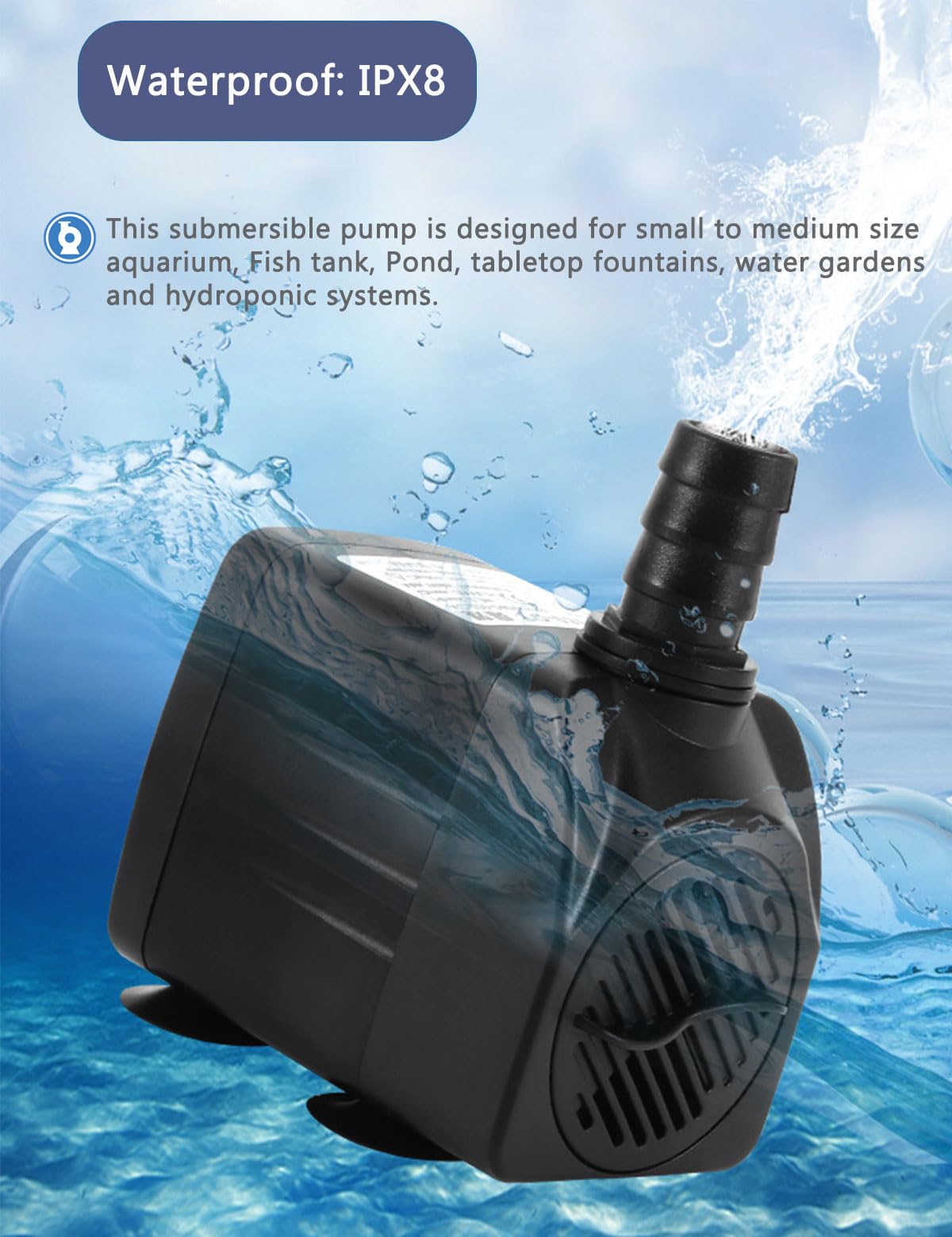 KINGYEENUO Aquarium Pump, Water Pump, Pond Pump, Submersible Pump 25W, 400GPH(1500L/H), 3 Nozzles, with 8.2ft High Lift - Image 4