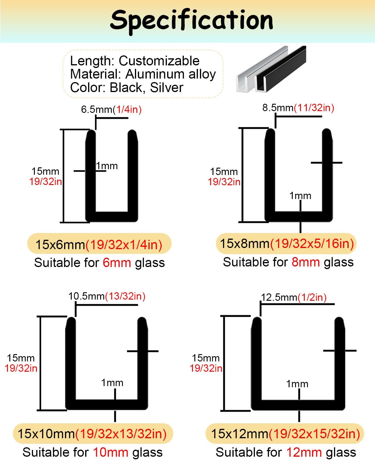Silberfarbene 15 mm tiefe U-K-Aluminium-Kantenstreifen, zuschneidbare Schienen für Acryl- und Holzplatten, 1,5 m Länge, 10 mm Breite, perfekt für Heimwerker-Heimdekoration und Bastelarbeiten