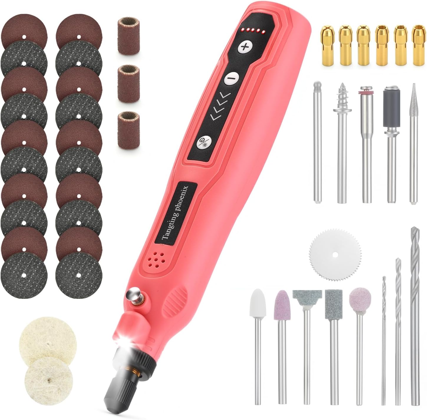 Mini Cordless Rotary Tool for 3D Print Finishing & Model Hobby: 5-Speed, LED Light, 45Pcs Kit for Engraving Wood/Metal/Resin, Polishing, Pet Nail Grinding, Jewelry Drilling (Pink)
